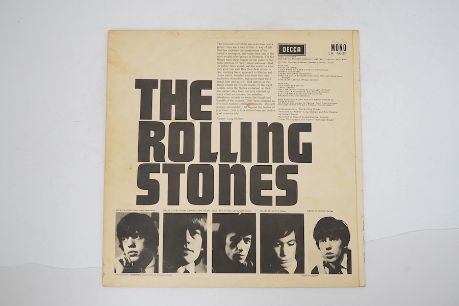 The Rolling Stones, first LP record album, on red Decca label, LK.4605, XARL-6271-1A XARL-6272-3A. Condition - fair to good, some surface scratches and general wear to the cover.